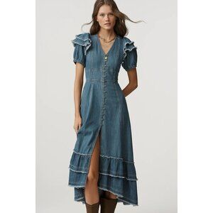 Pilcro Denim Maxi Dress With Button Front Puff Sleeves & Frayed Ruffle Sz XXS